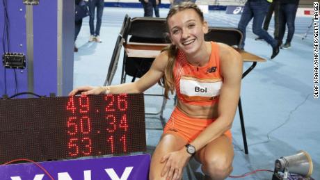 Femke Bol celebrates after winning the women&#39;s 400 meters race and beating a 41-year-old world record.