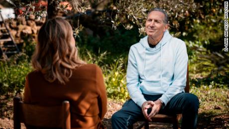 Starbucks interim CEO Howard Schultz being interviewed by Poppy Harlow on Asaro Farm in Sicily.
