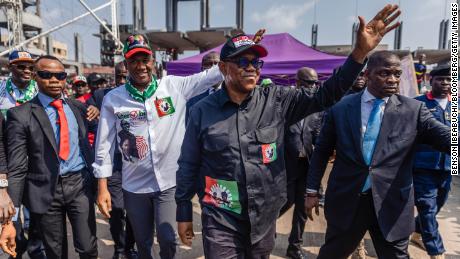 Peter Obi, Labour Party presidential candidate, center, and his running mate Yusuf Datti Baba-Ahmed, second left. 
