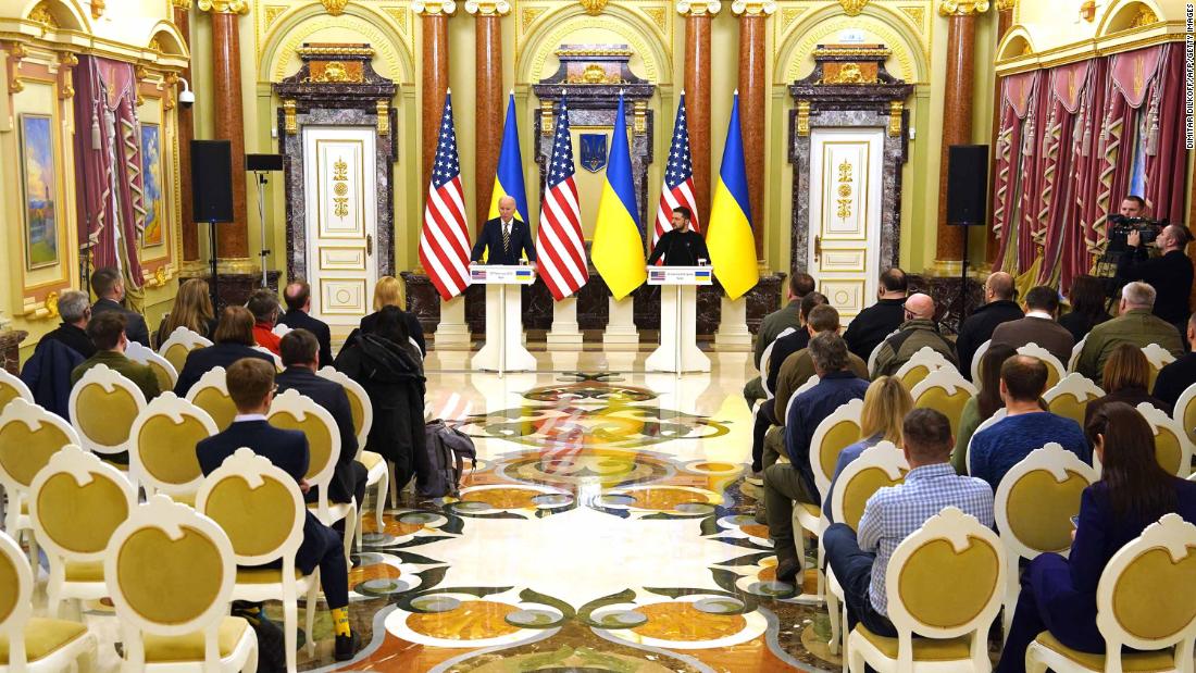 Biden and Zelensky attend a news conference in Kyiv on Monday.