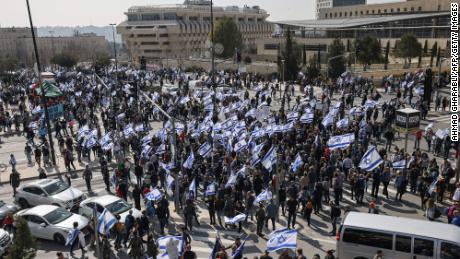Demonstrators in Jerusalem protest against the government&#39;s proposed judicial reform bill on Monday. 