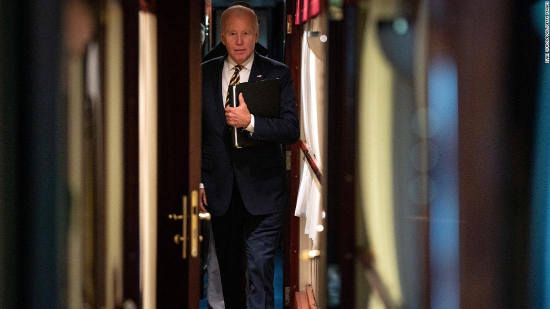 After meeting with Zelensky, Biden walks down a train corridor to his cabin. He took a &lt;a href=&quot;https://www.cnn.com/2023/02/20/politics/president-biden-kyiv-trip/index.html&quot; target=&quot;_blank&quot;&gt;nearly 10-hour train ride&lt;/a&gt; from Poland into Kyiv.