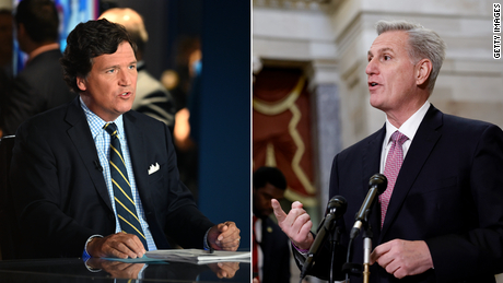 Fox News host Tucker Carlson, left, and House Speaker Kevin McCarthy.
