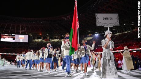 Belarusian athletes walk out at the opening of the Tokyo Olympics in July 2021. 