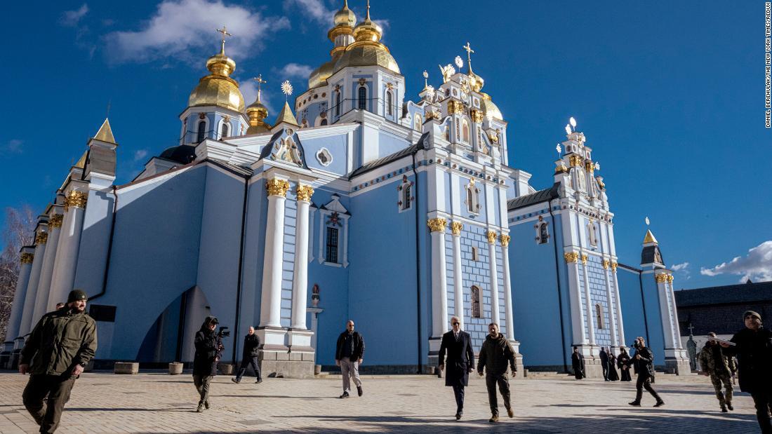 Biden and Zelensky are seen in front of St. Michael&#39;s Golden-Domed Monastery in Kyiv.