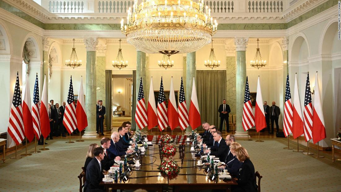 Biden, fourth from left, takes part in a bilateral meeting with Duda, fourth from right, at the Presidential Palace.