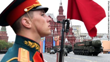 A Russian Yars RS-24 intercontinental ballistic missile system parades through Red Square during a rehearsal of the Victory Day military parade in Moscow on May 6, 2018.