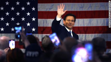 Florida Gov. Ron DeSantis waves as he speaks to police officers about protecting law and order at Prive catering hall on February 20, 2023, in the Staten Island borough of New York City. 