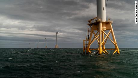 The five turbines of the wind farm off the coast of Block Island, Rhode Island.