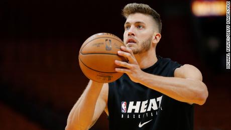 Meyers Leonard warms up prior to the game between the Miami Heat and the Houston Rockets at American Airlines Arena on October 18, 2019 in Miami.