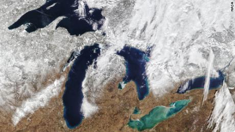 A satellite image taken on February 13 shows just around 7% of the Great Lakes are covered in ice -- significantly lower than average for this time of year.