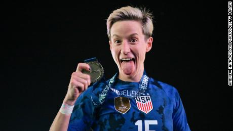Rapinoe holds her champions&#39; medal after winning 2023 SheBelieves Cup against Brazil.