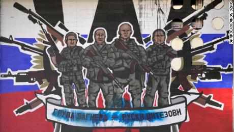 A mural depicting mercenaries of Russia&#39;s Wagner Group reads &quot;Wagner Group -- Russian knights&quot; on a wall in Belgrade, Serbia is pictured on January 13, 2023.