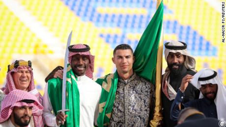 Soccer star Cristiano Ronaldo celebrates Saudi Arabia&#39;s Founding Day, wearing local traditional clothes at Al-Nassr Football Club in Riyadh, Saudi Arabia, on Wednesday. 