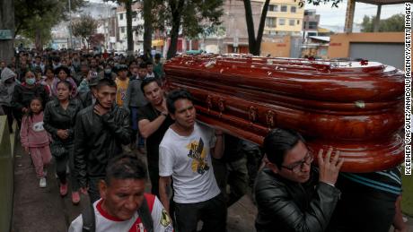 People carry a casket before burying 34-year-old John Henry Mendoza, who died from two bullets to the chest, following protests in Ayacucho.