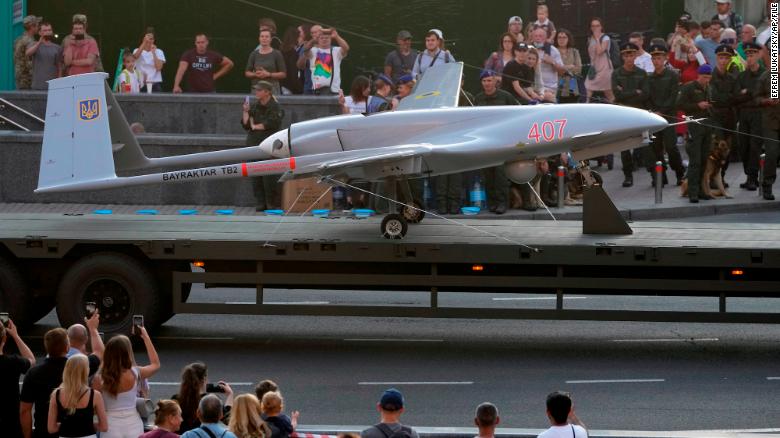 A Turkish-made Bayraktar TB2 drone at a rehearsal for a military parade dedicated to Independence Day in Kyiv, Ukraine, on Aug. 20, 2021.