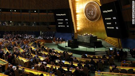 An electronic sign displays the results of a vote by delegations adopting a resolution on Ukraine during a meeting of the United Nations General Assembly to mark one year since Russia invaded Ukraine, at UN headquarters in New York City on Thursday.