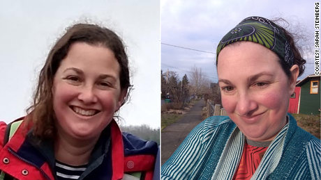 On the left, Sarah Steinberg is shown during a mountain hiking trip in December 2019; on the right, in January of this year: &quot;made it to the bus stop and took a selfie to commemorate it.&quot;