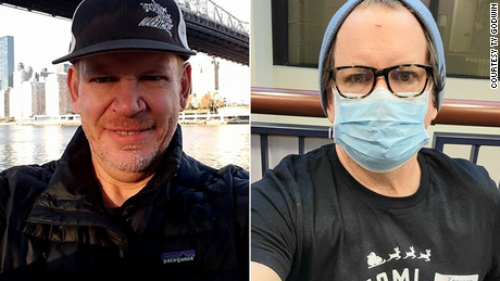 Left: Ty Godwin in 2017 on a New York City visit. Right: in December 2020, waiting at the doctor&#39;s office.