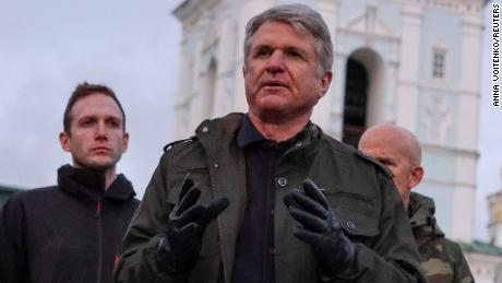 U.S. Congressman Michael McCaul (R-TX), chairman of the House Foreign Affairs Committee, attends a news briefing in front of Saint Michael&#39;s Cathedral, amid Russia&#39;s attack on Ukraine, in Kyiv, Ukraine February 21, 2023. 