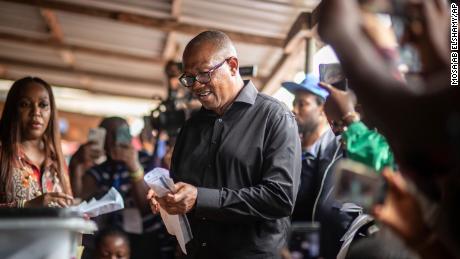 Nigeria&#39;s Labour Party&#39;s candidate Peter Obi casts his vote during the presidential elections in Agulu, Nigeria.