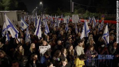 People demonstrate in Jerusalem on Saturday against the Israeli government&#39;s plans to weaken the country&#39;s judicial system.