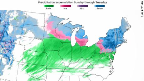 Precipitation will fall in the form of rain (green), snow (blue), and ice (pink) as a storm system travels from the Central Plains on Sunday into the Northeast through Tuesday morning.