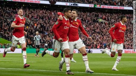 Casemiro celebrates scoring Manchester United&#39;s first goal in the Carabao Cup final.