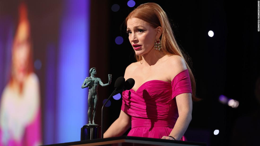 Jessica Chastain accepts the outstanding performance by a female actor in a television movie or limited series award for &quot;George &amp;amp; Tammy.&quot; 