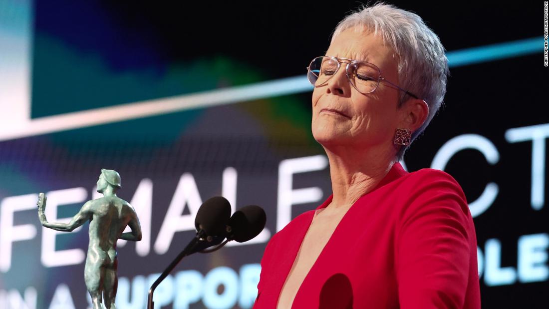 Jamie Lee Curtis reacts to winning the female actor in a supporting role in a film award for &quot;Everything Everywhere All At Once.&quot;