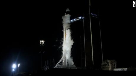 The SpaceX Falcon 9 rocket is pictured shortly after the launch was called off on Monday at NASA&#39;s Kennedy Space Center in Florida. 