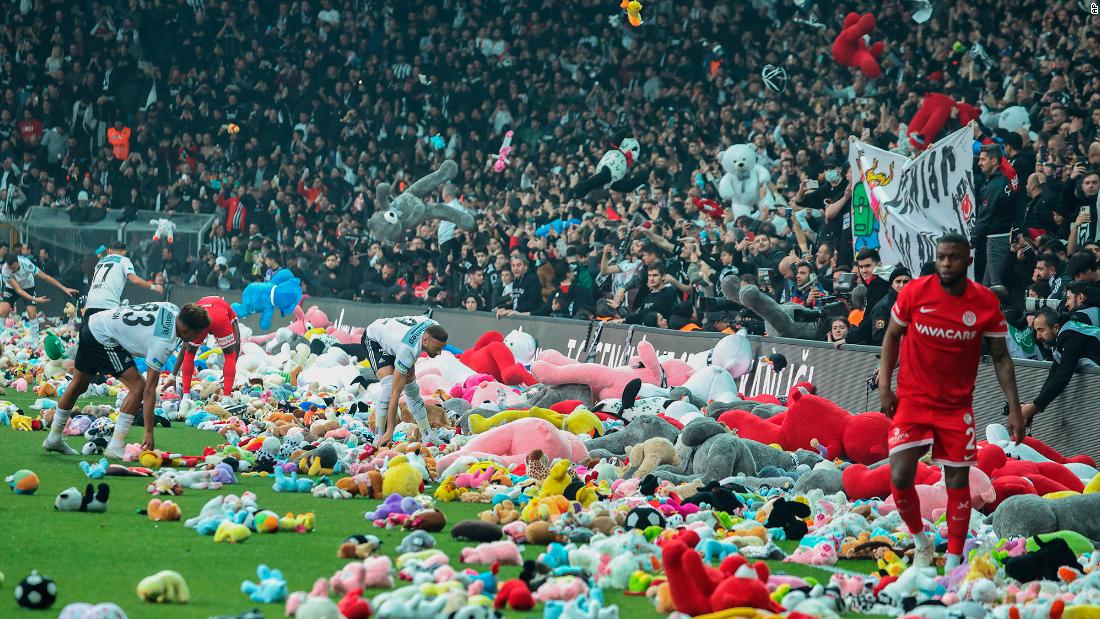 Turkish soccer fans throw stuffed animals on the field, vent over government quake response