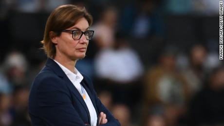 France&#39;s former head coach Corinne Diacre looks on from the sideline during the UEFA Women&#39;s Euro 2022 semi-inal football match between Germany and France at the Stadium MK, in Milton Keynes, on July 27, 2022.