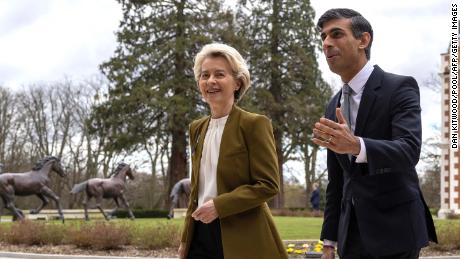 UK Prime Minister Rishi Sunak (right) walks with European Commission chief Ursula von der Leyen in Windsor, west of London on February 27, 2023.