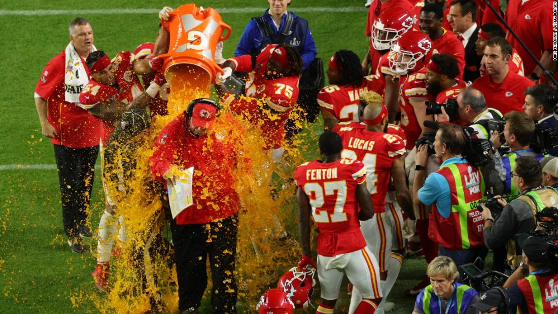 How can a head coach look on edge after winning the Super Bowl? It might be because he knows a cooler of energy drink is about to come splashing over his head. The &quot;Gatorade shower&quot; has become a tradition for marking big wins across various US sports, especially in the NFL&#39;s biggest game. Pictured, after a&lt;a href=&quot;https://www.cnn.com/2020/02/02/us/chiefs-vs-49ers-super-bowl-liv/index.html&quot; target=&quot;_blank&quot;&gt; long-awaited first winner&#39;s ring&lt;/a&gt;, head coach Andy Reid finally got his first Gatorade bath when his Kansas City Chiefs defeated the San Francisco 49ers in 2020.
