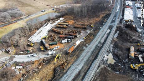 Wreckage from the toxic train wreck in East Palestine, Ohio, is seen Thursday.
