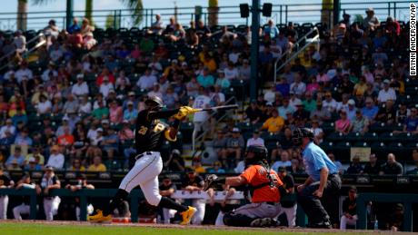 The Pittsburgh Pirates&#39; Miguel Andujar bats in the second inning during a spring training game against the Baltimore Orioles.