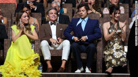 (From left) Olivia Wilde, Chris Pine, Harry Styles and Gemma Chan at the Venice Film Festival in 2022.