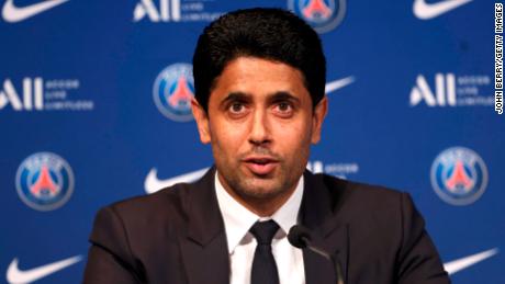 President of PSG Nasser Al-Khelaifi during a press conference on May 23, 2022, in Paris, France.