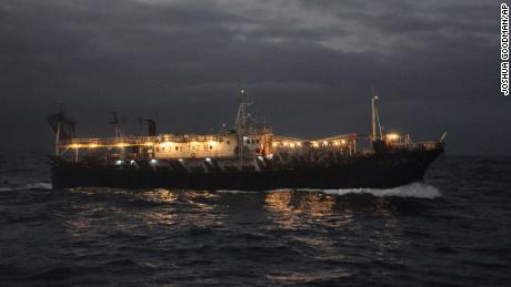 A ship fishing for squid on the high seas near the Galapagos Islands.