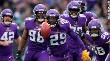 Minnesota Vikings cornerback Kris Boyd reacts after making a turnover during a game against the New Orleans Saints at the Tottenham Hotspur stadium in London on Sunday, October 2, 2022.