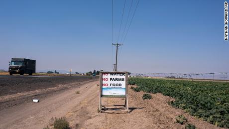 Traffic passes a sign reading &quot;No Water, No Farms, No Food&quot; near a pumpkin farm near Madras, Oregon, in August 2021. 