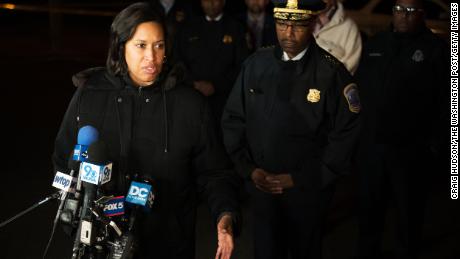DC Mayor Muriel Bowser speaks to reporters near the scene of a shooting on a Metro bus in Washington, DC, on January 11, 2023.