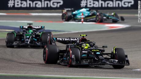 Hamilton and Russell in action during the Bahrain Grand Prix.