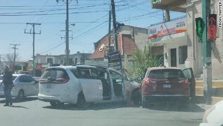 Two vehicles rest in Matamoros, Mexico, at the scene which a US official said was connected to the kidnapped Americans.