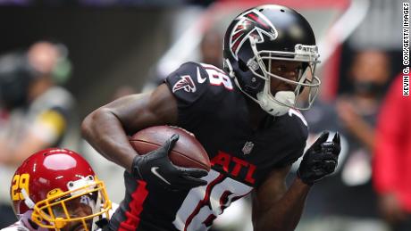 Calvin Ridley runs after a catch in an October 2021 game against Washington in Atlanta.