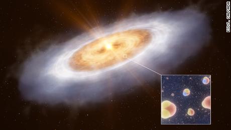 This artist&#39;s impression shows the planet-forming disk around the star V883 Orionis and the water molecules detected inside it.