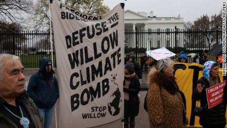 Demonstrators gather near the White House on March 3, to advocate against the Willow Project in Alaska.