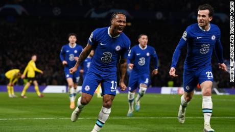 Raheem Sterling celebrates after scoring Chelsea&#39;s first goal on Tuesday. 