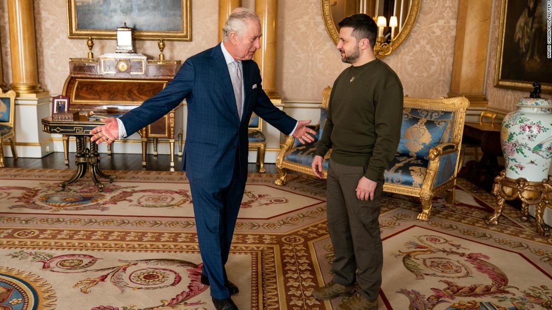 The King meets Ukrainian President Volodymyr Zelensky, who was visiting Buckingham Palace in February 2023. Zelensky &lt;a href=&quot;https://www.cnn.com/2023/02/08/europe/zelensky-visit-uk-intl-gbr/index.html&quot; target=&quot;_blank&quot;&gt;made a surprise visit to the UK&lt;/a&gt; and gave a speech to the joint houses of Parliament.